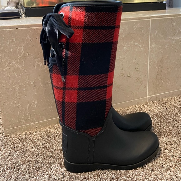 Coach Tristee Lace Up Corset Red Black Plaid Rain Boots/Booties